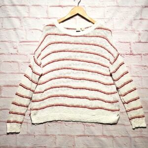 Roxy Sweater Womens Small White Red Striped 100% Cotton Knit Loose Fit Pullover